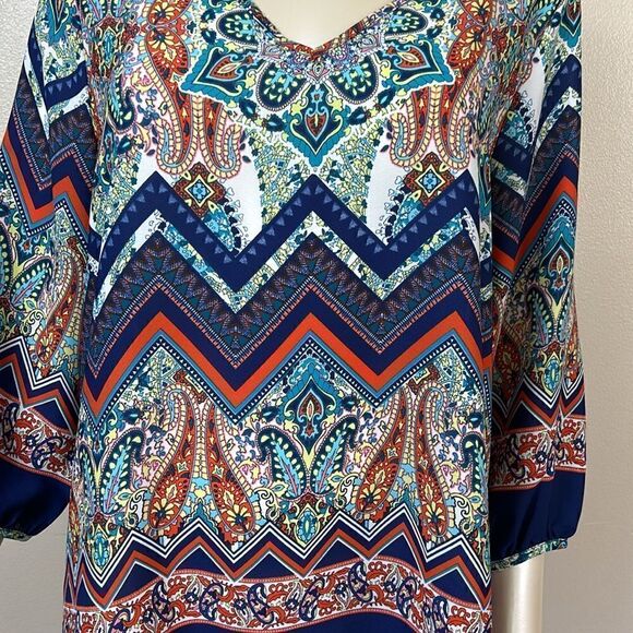 Renee C. No iron Large Paisley Chevron V-Neck 3/4 Sleeve Vibrant Boho Blouse top - Picture 8 of 11